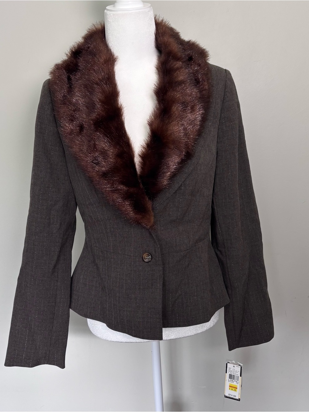 VTG 90s Y2K AB Studio Blazer-Removable Faux Fur Trim-Size 10-NWT-Brown/Metallic